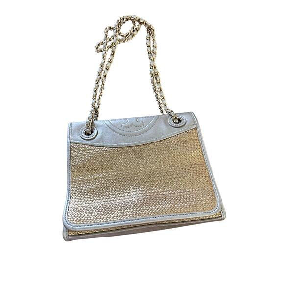Tory Burch Women's gold and Silver raffia Fleming Metallic Flap Shoulder Bag - Picture 2 of 9